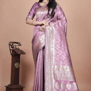 Lavender Banarasi Silk Saree with Silver Zari Geometric & Floral Weaving | Wedding & Festive Traditional Saree