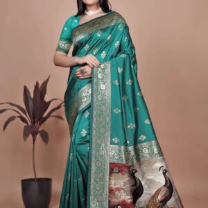 Emerald Green Banarasi Silk Saree with Golden Zari & Peacock Pallu | Wedding, Festive & Traditional Wear
