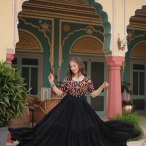 Black Elegant Kutchi Gamthi Work Reyon Gown with Heavy Flair