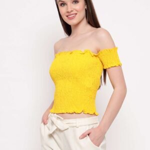 Women's Rayon Solid Off-Shoulder Smocked Crop Top Short Sleeve Casual Styles Tank Top (FREE SIZE) Multi31